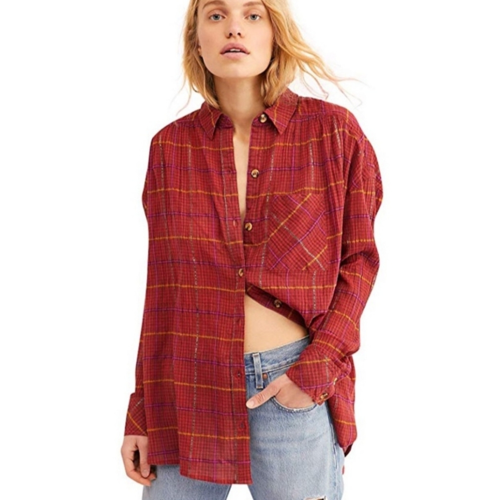 Free People Break My Stride Buttondown Top in Red Combo